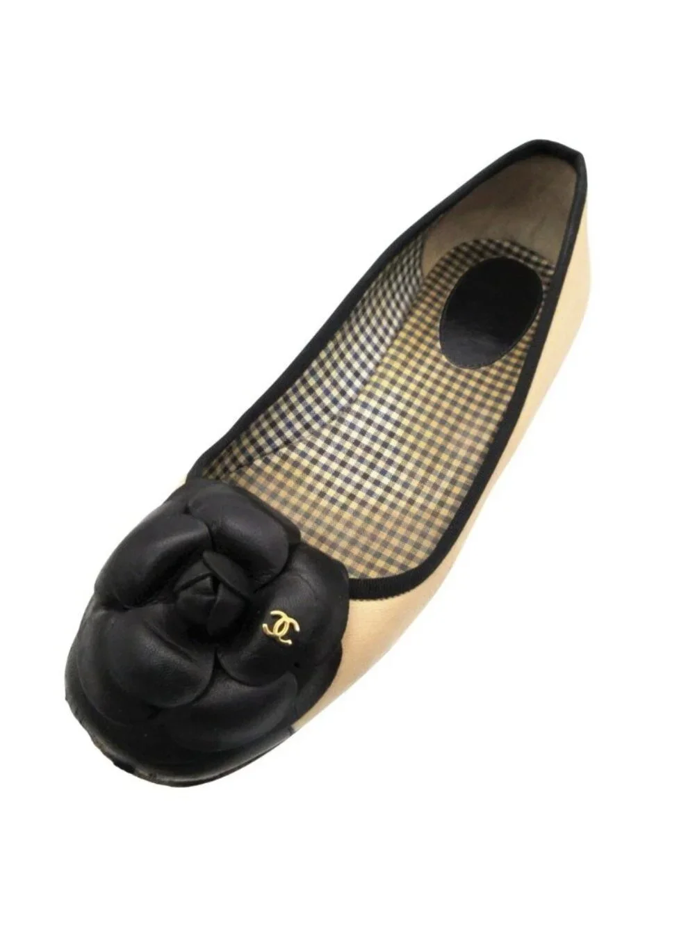 Chanel Pumps Camellia Flats CC Logo Gingham Checkered Leather Shoes Beige